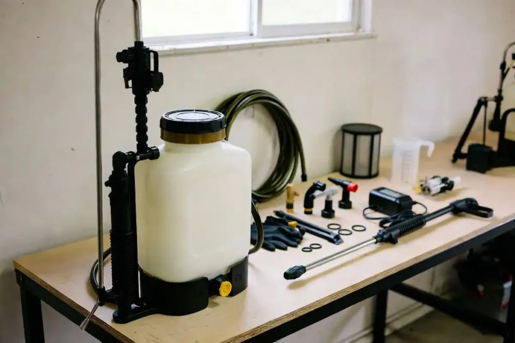 backpack sprayer parts and safety gear on workbench
