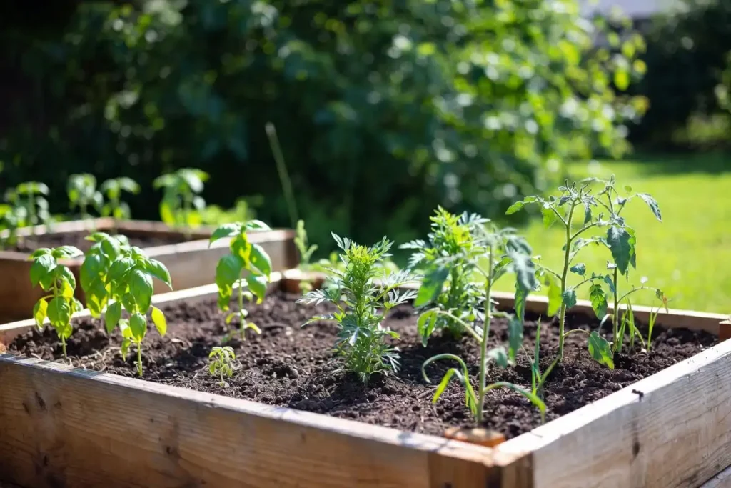 basil marigold and garlic plants growing beside tomato stems in a raised bed