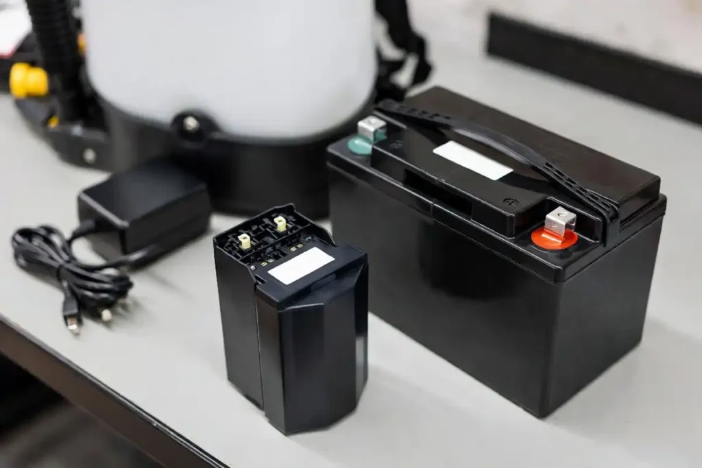 lithium ion and lead acid battery next to sprayer
