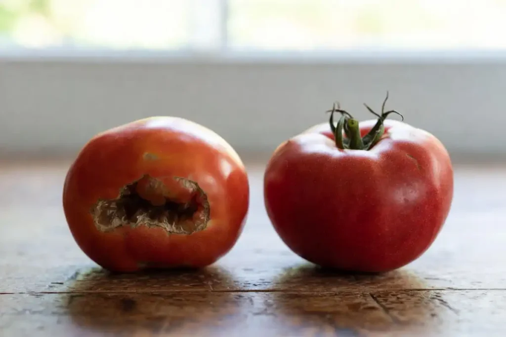 side by side comparison of a tomato with dark sunken blossom end rot and a healthy red tomato