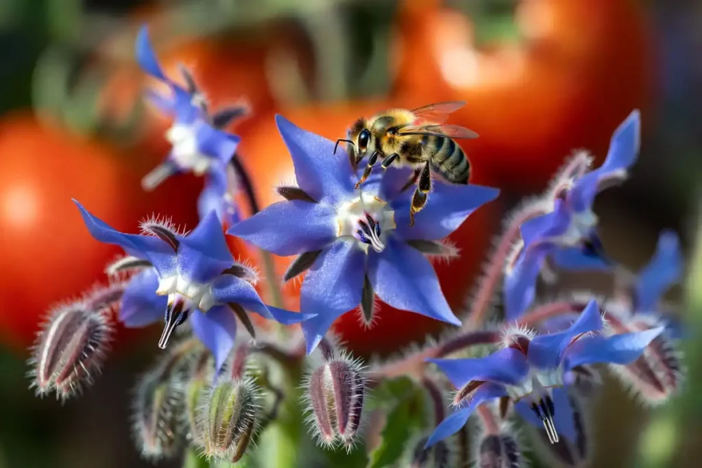 borage plant with blue star flowers and honeybee foraging close to tomato foliage