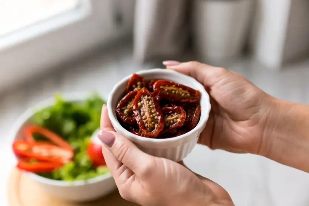 women holding a small bowl of dried tomatoes beside fresh salad and bell peppers in a kitchen
