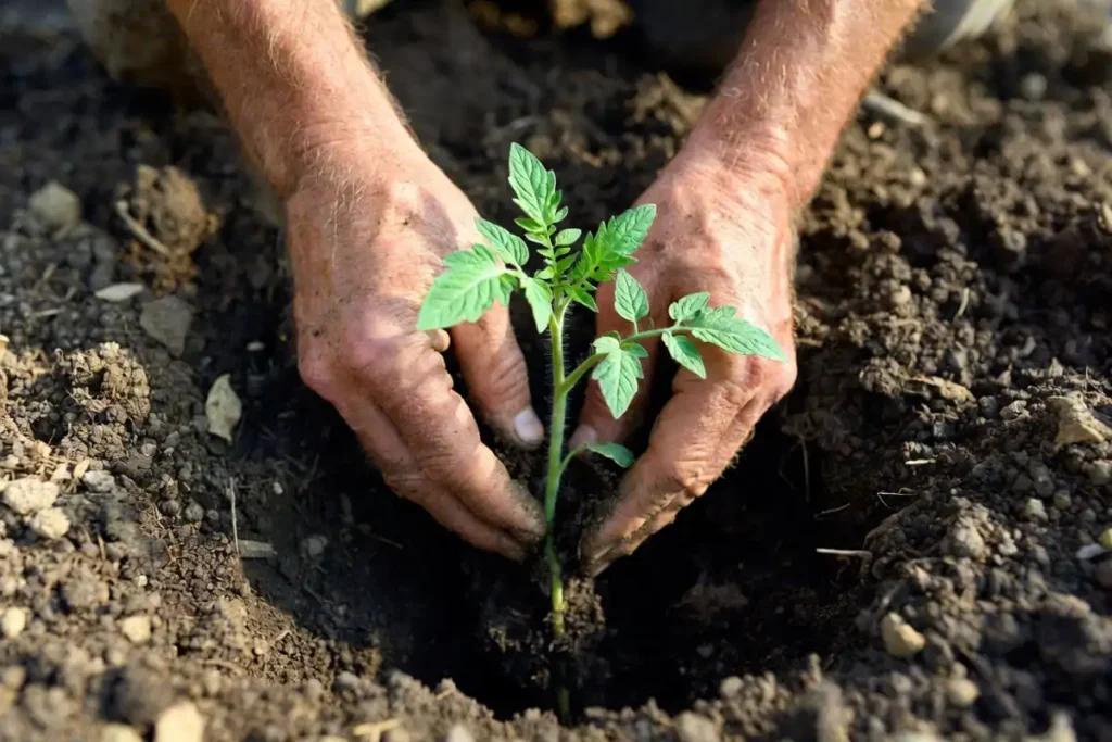 hands placing tomato transplant deep into soil with stem buried up to two thirds