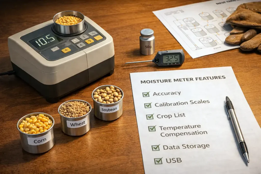 moisture meter checklist with grain samples and calibration weight