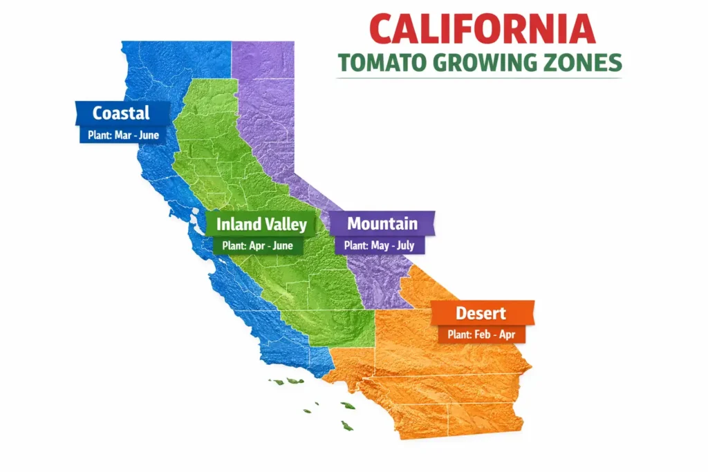 illustrated map showing four tomato growing regions across California