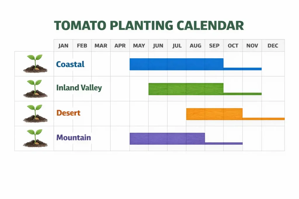 seasonal planting calendar chart for tomatoes across California regions