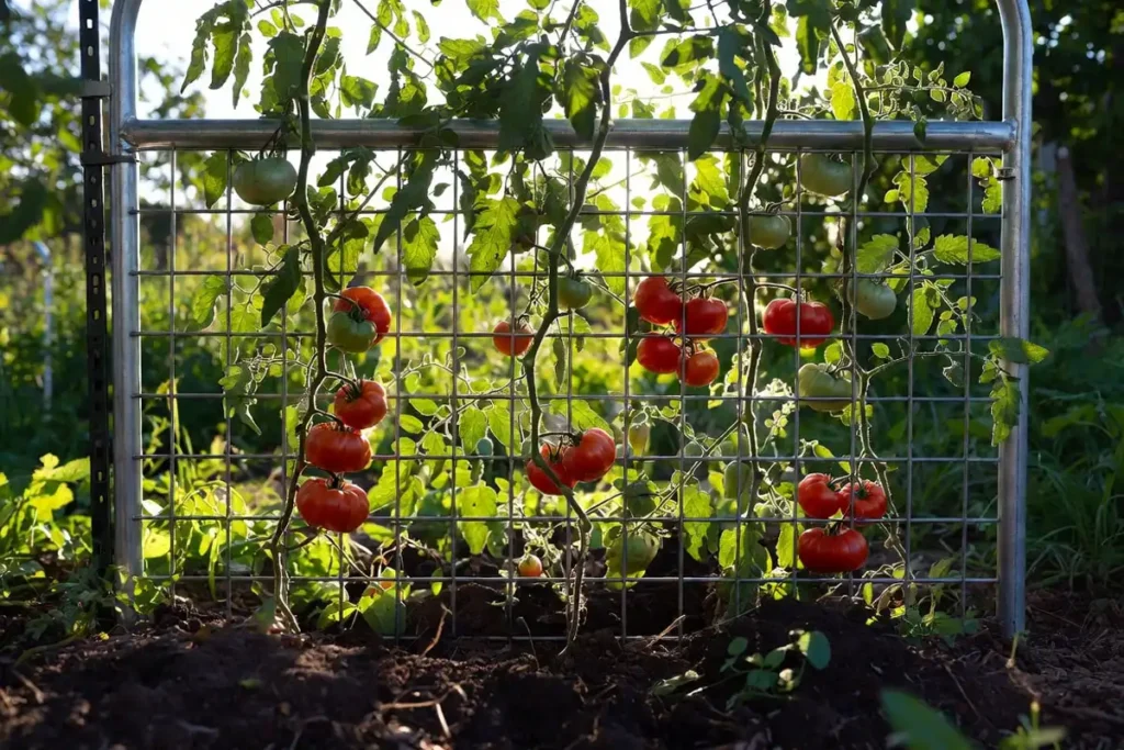 metal cattle panel used as a vertical support frame for tomato vines in an outdoor garden