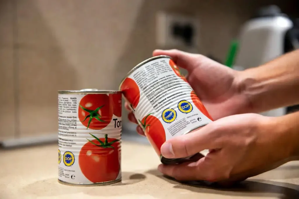 farmer inspecting certification label on canned Italian paste tomatoes in a kitchen