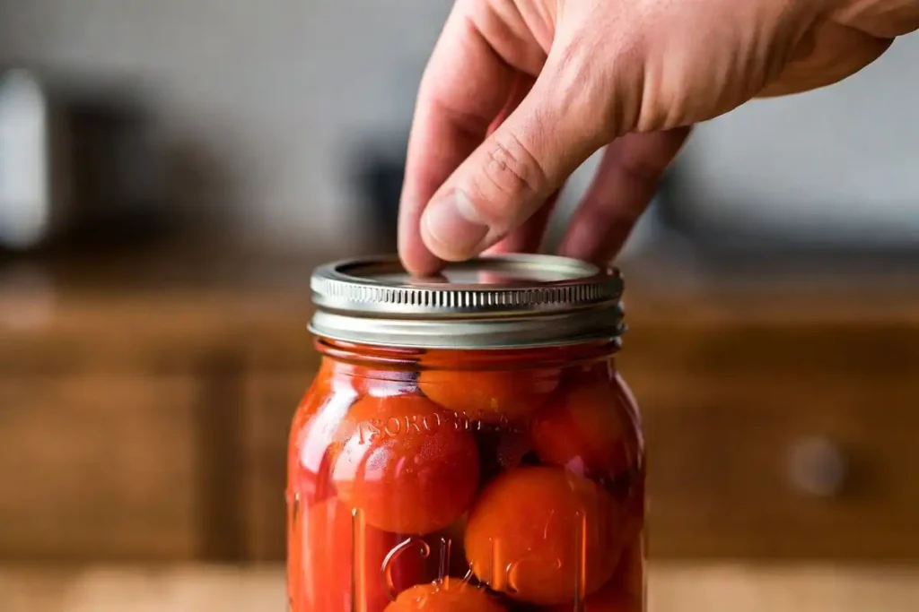 pressing center of sealed lid to test jar seal after processing