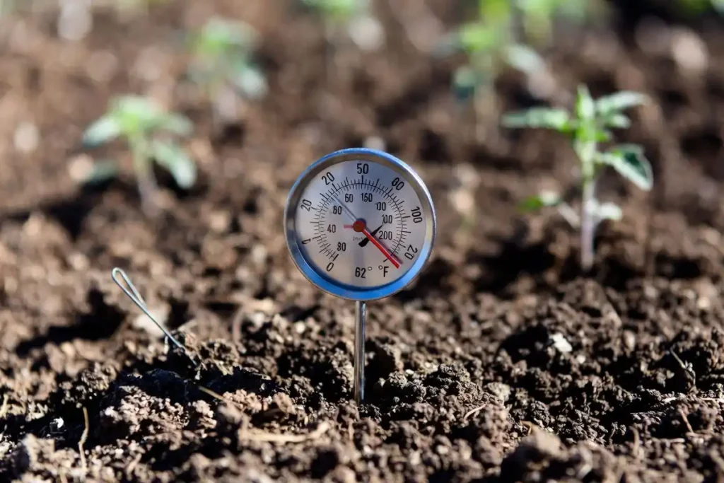 a soil thermometer inserted 4 inches deep into garden bed soil