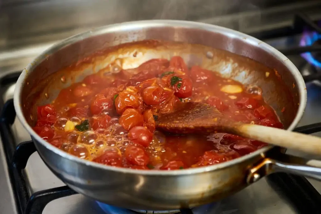 cherry tomatoes breaking down into thick red sauce in a stainless steel skillet on a gas stove