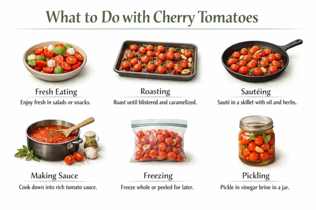 infographic showing six ways to use cherry tomatoes including roasting freezing and pickling