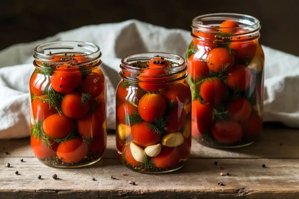 glass mason jars filled with pickled cherry tomatoes garlic and dill on a kitchen counter