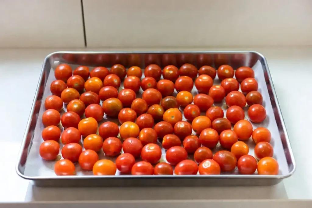 whole cherry tomatoes laid out in a single layer on a parchment lined baking tray before freezing