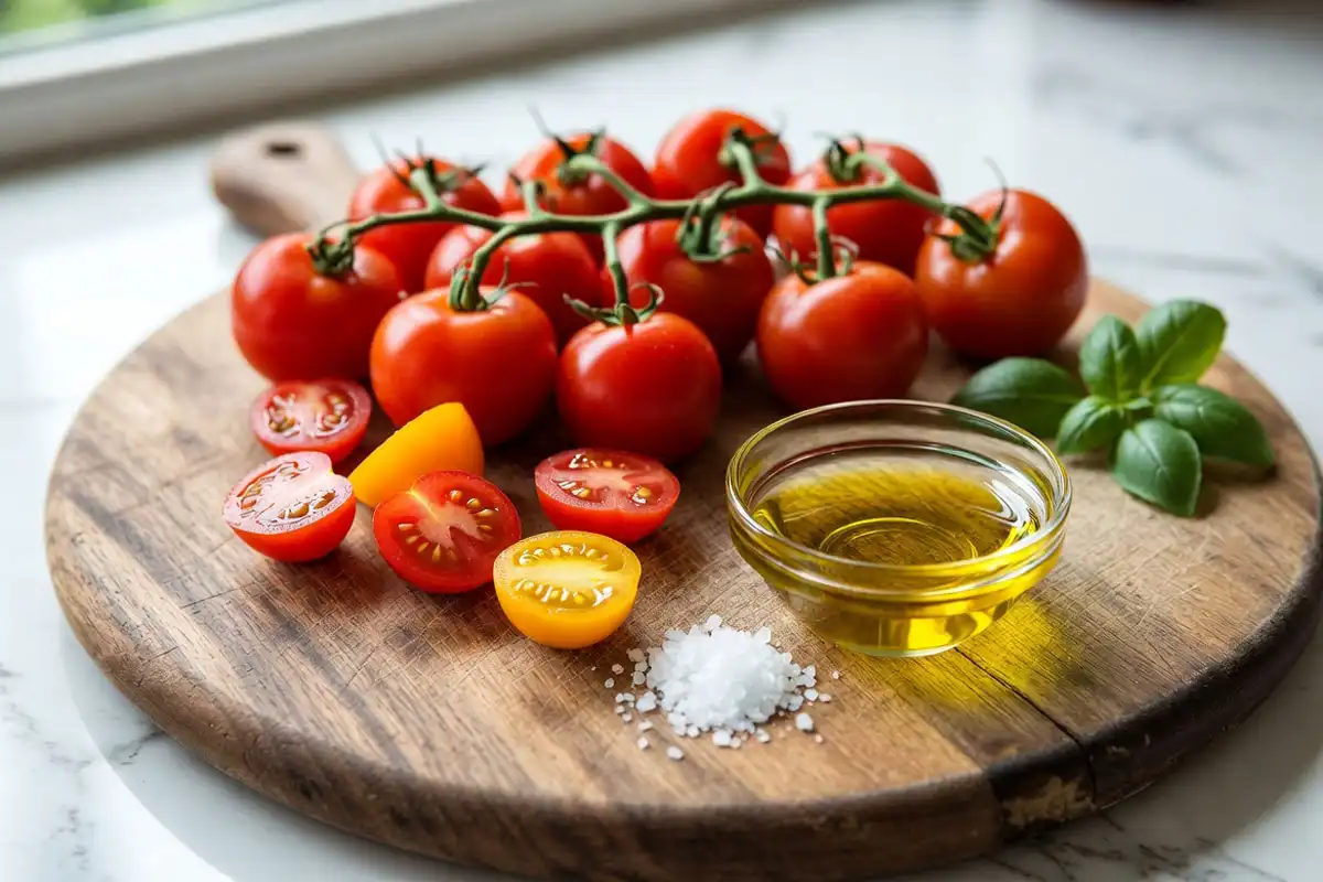 fresh cherry tomatoes on a wooden kitchen board ready for cooking