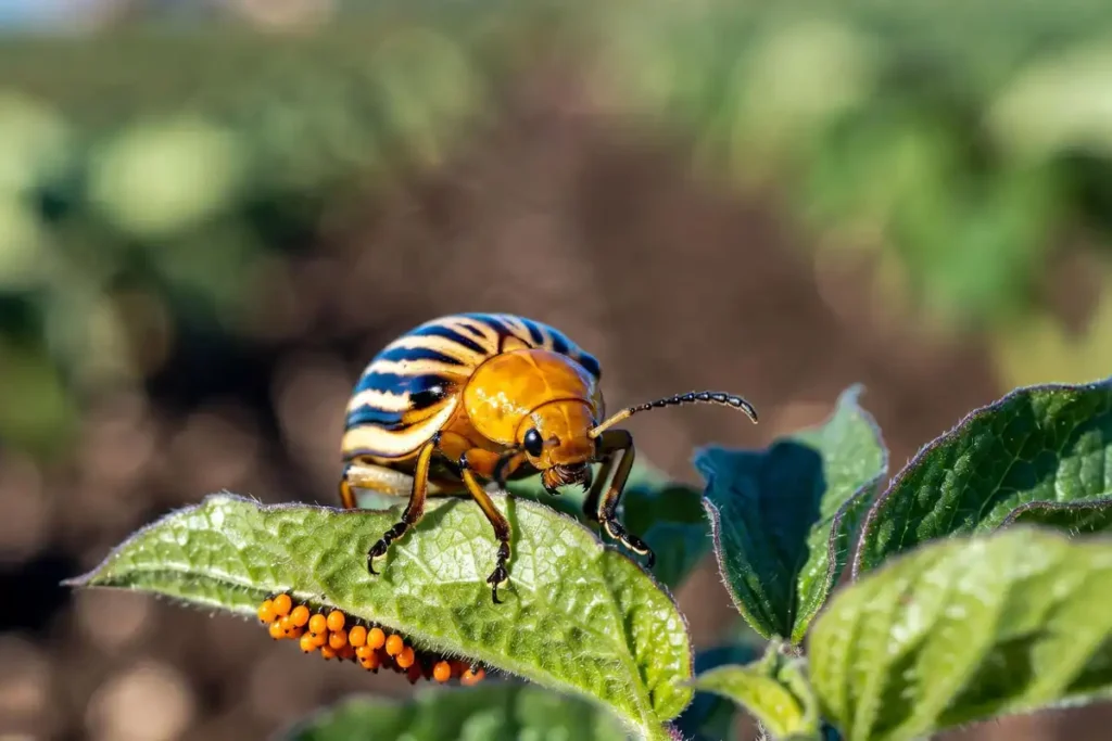 colorado potato beetle feeding on solanaceae plant leaves in a vegetable garden