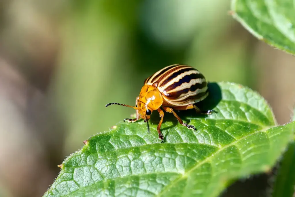 Colorado potato beetle sitting on a green potato leaf