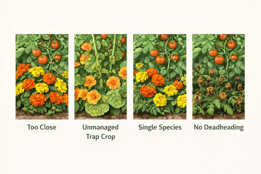 infographic showing four common mistakes when planting flowers near tomato plants