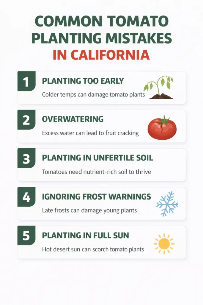 infographic listing five common errors made when planting tomatoes in California
