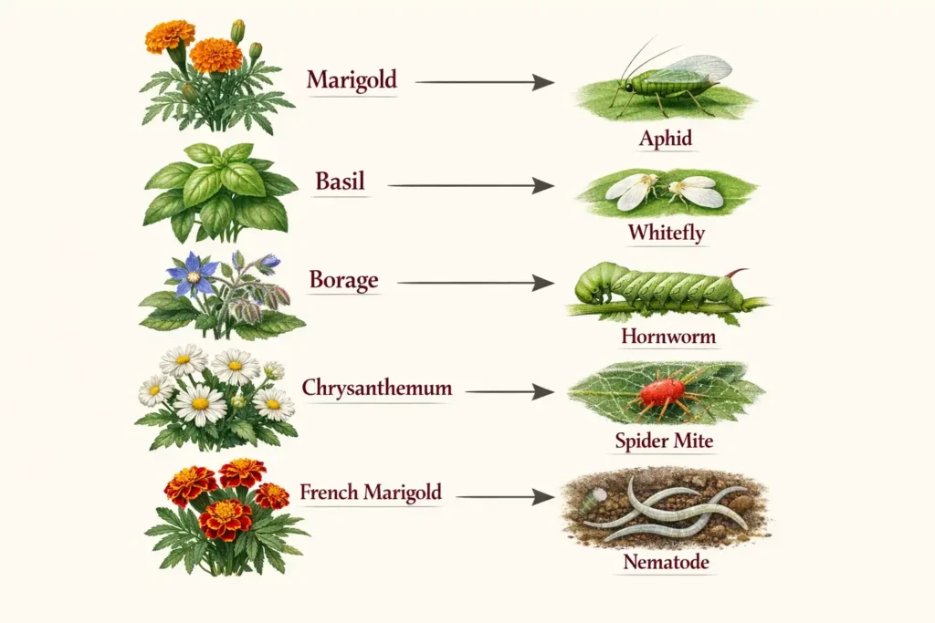 infographic showing which companion plants repel specific insects on tomatoes