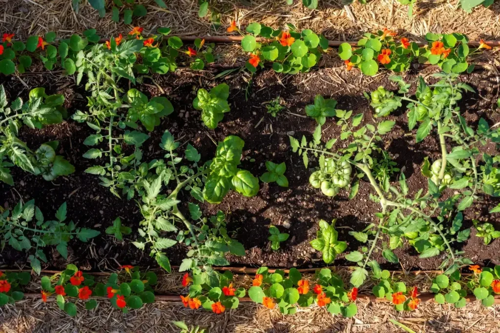 raised bed showing tomatoes planted with marigolds basil and nasturtiums