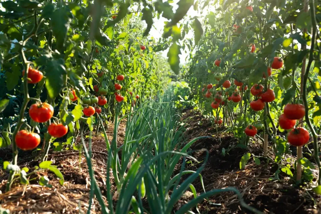 onion plants growing between established tomato rows in a vegetable garden