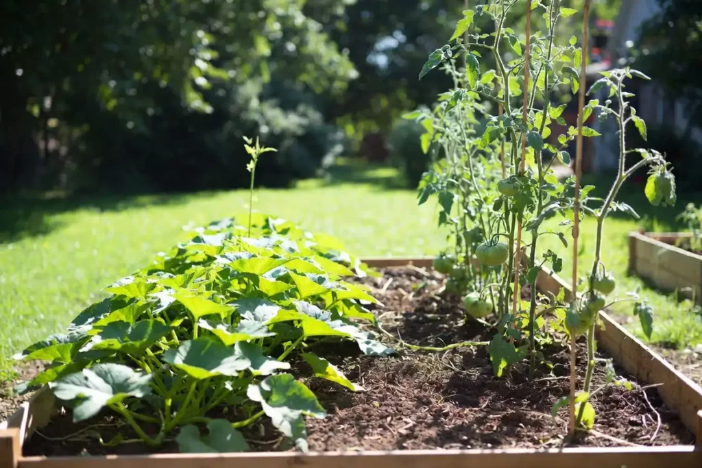 raised bed showing squash leaves and staked tomato plants growing together