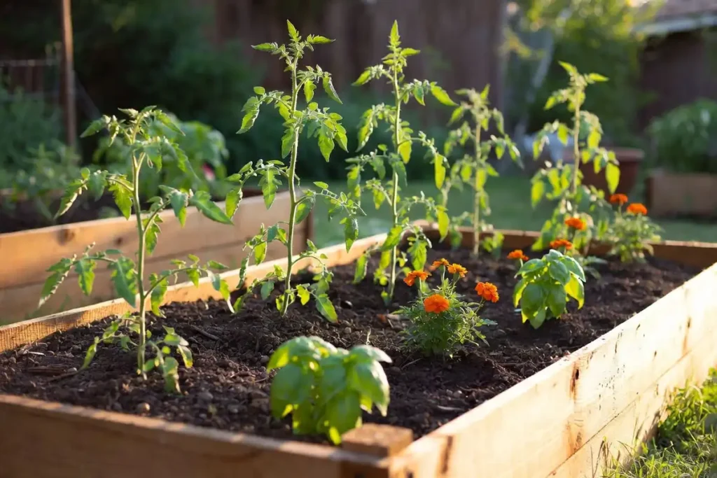 basil and marigold plants growing alongside tomato plants in a raised garden bed