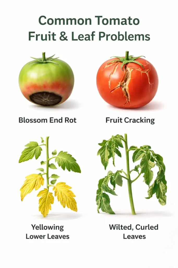 infographic showing blossom end rot fruit cracking and yellowing leaves on tomato plants