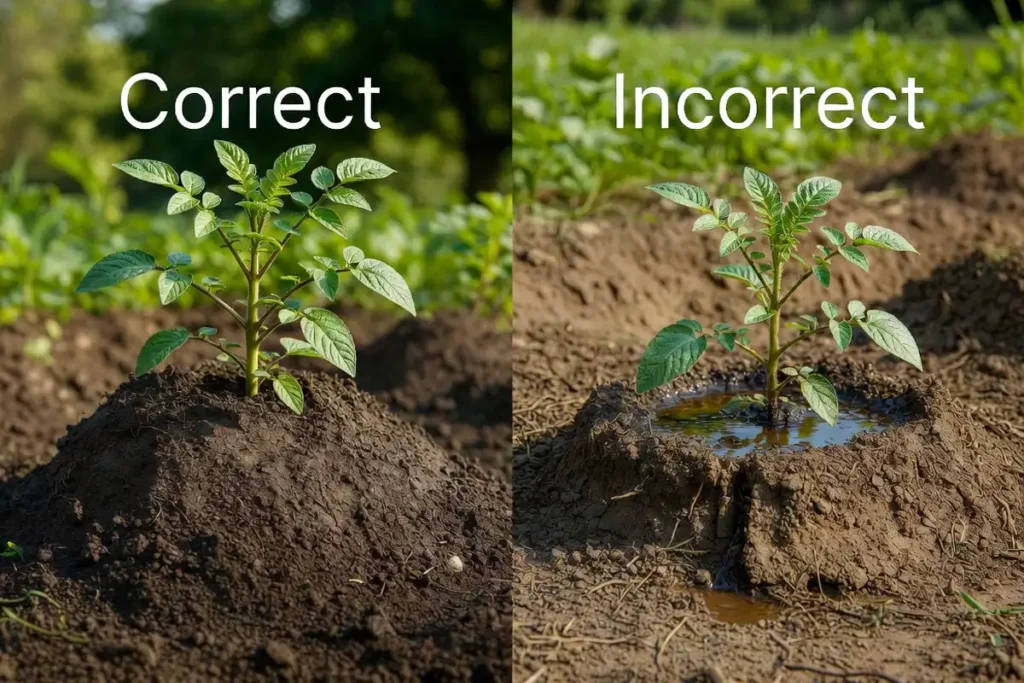 side by side comparison of properly shaped potato hill versus a flat poorly formed mound