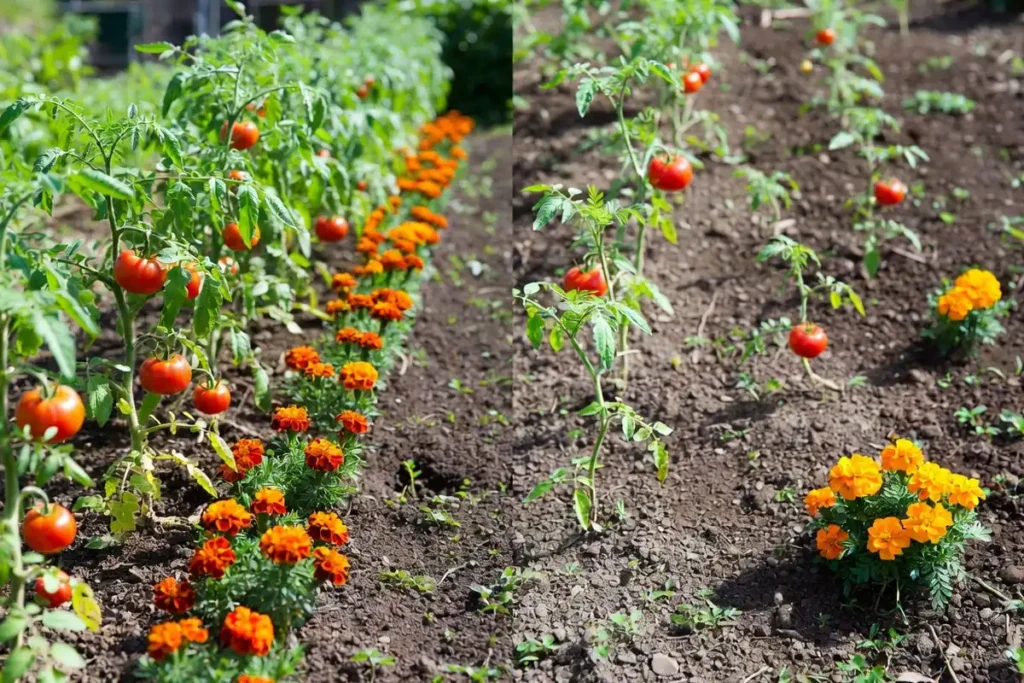 side by side comparison of proper and poor companion planting placement in a tomato garden