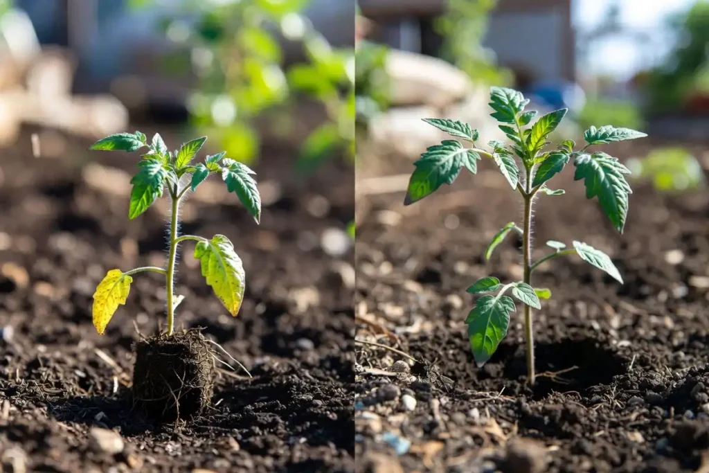 side by side comparison of shallow planted versus deep planted tomato seedling in garden bed