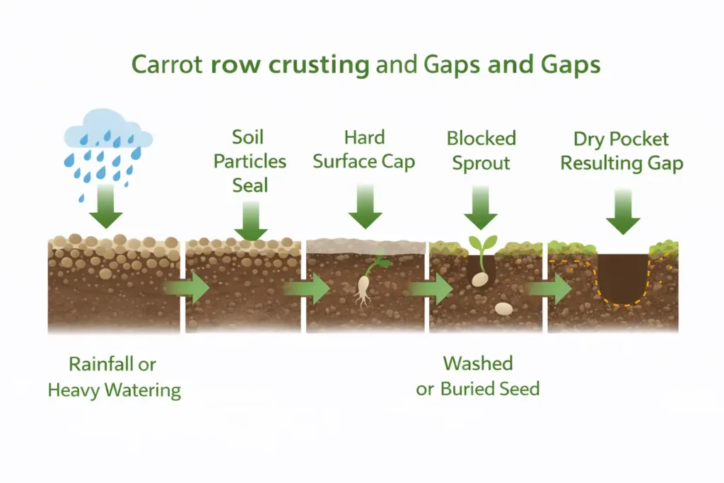 diagram showing how soil crust leads to carrot stand gaps