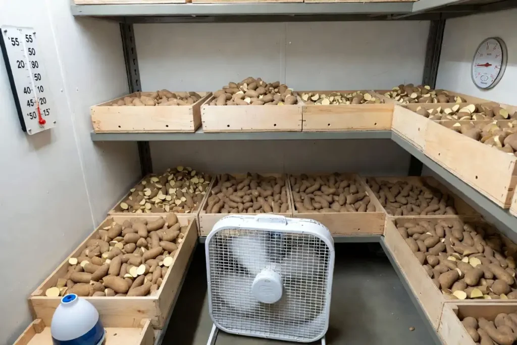 seed pieces curing in ventilated crates indoors