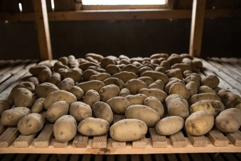 freshly dug potatoes spread out on wooden shelves to cure in a dark barn
