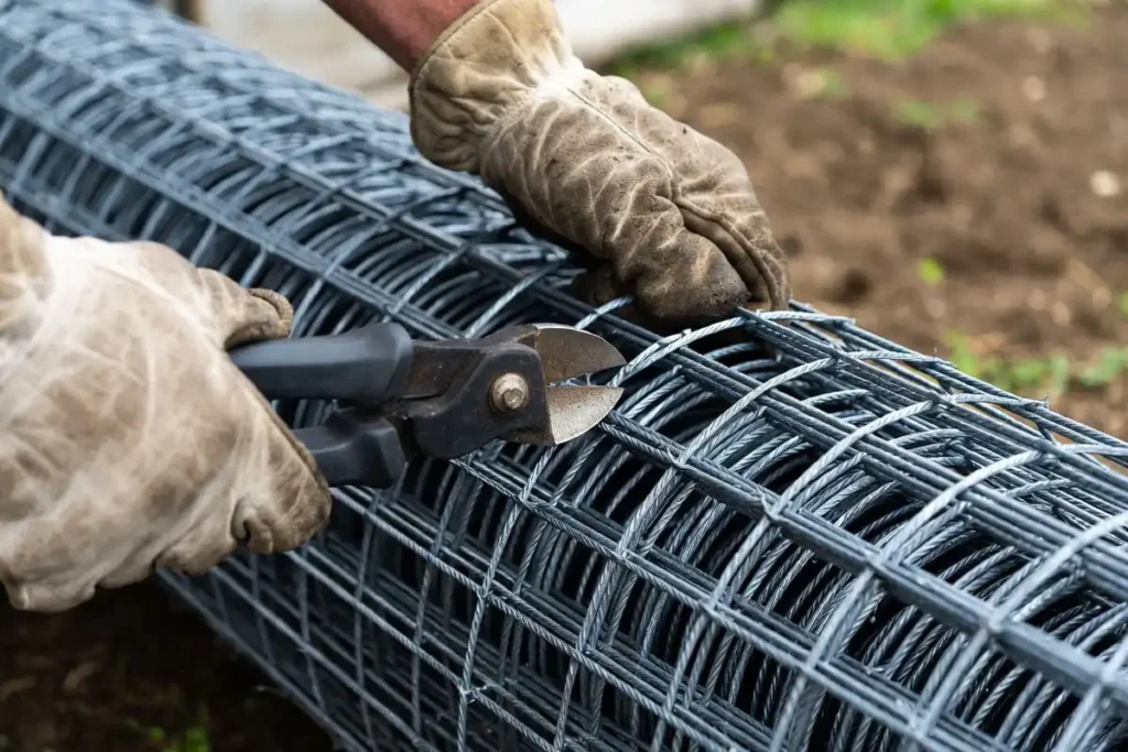 farmer wearing protective gloves cutting heavy gauge wire mesh for tomato cages