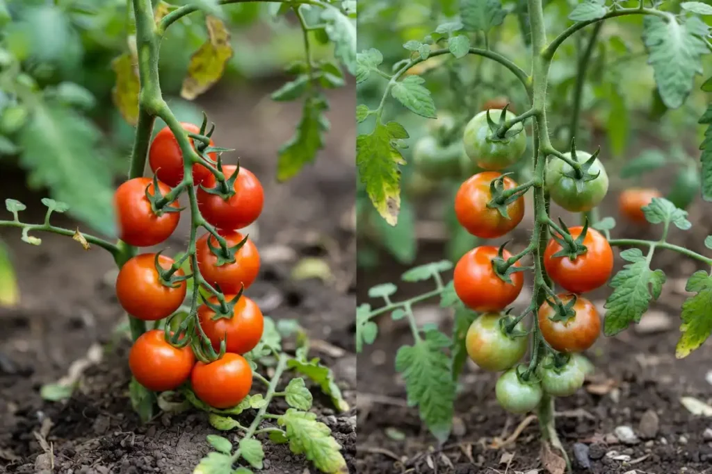 side by side comparison of two tomato plant growth types in a garden row