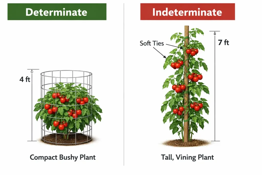 visual comparison chart showing support methods for determinate and indeterminate tomato varieties