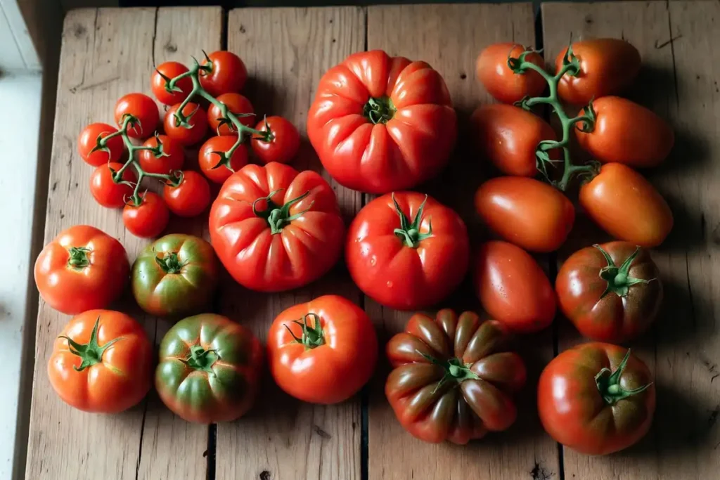 cherry beefsteak roma and heirloom tomato varieties displayed together on a farm table