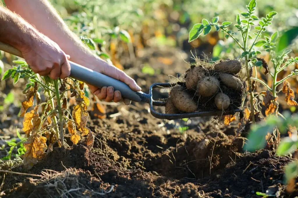 farmer using digging fork to lift potato hill from garden bed