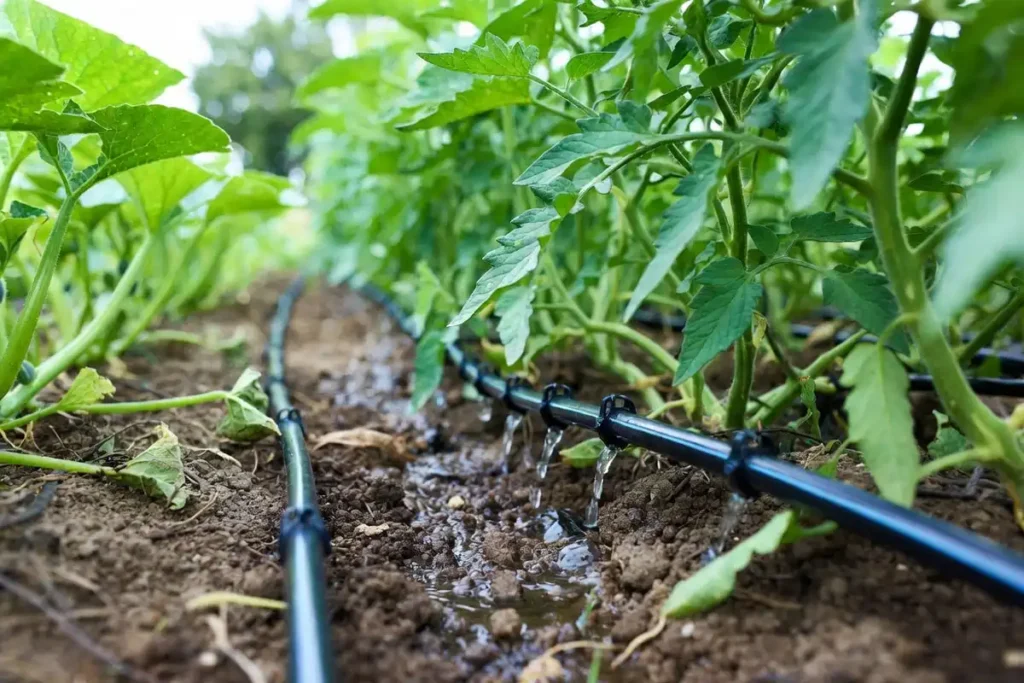 drip irrigation line delivering water to the root zone of vegetable plants in a row