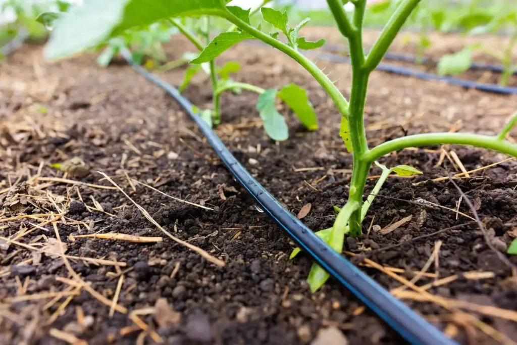 drip irrigation tubing running along base of vegetable plants in garden bed