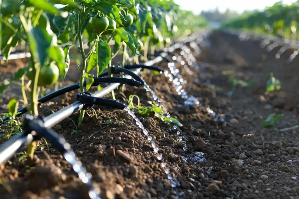 drip irrigation tubing delivering water to the base of pepper and tomato plants in a garden row