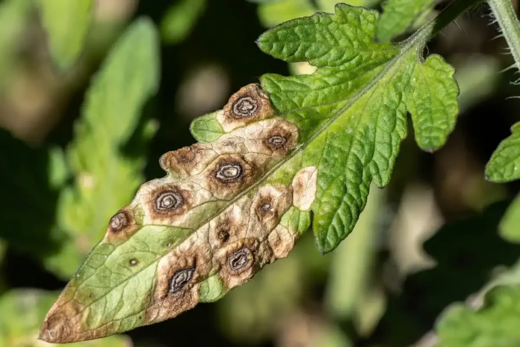 dark brown leaf spots caused by early blight on a tomato plant leaf