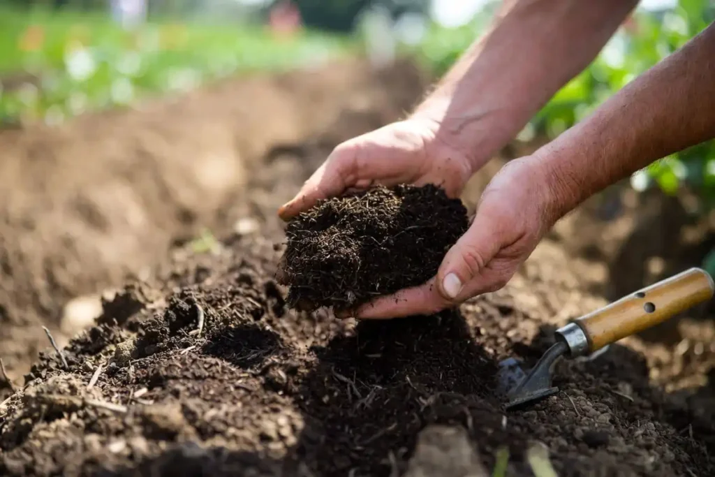 Farmer spreading finished compost over garden soil for planting