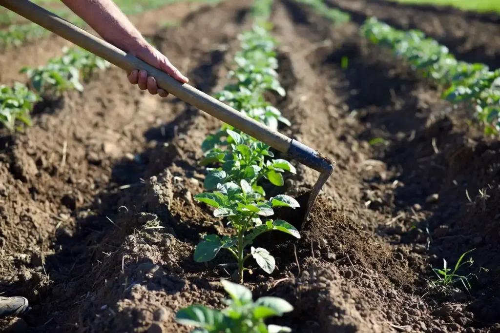 garden hoe mounding soil around the base of young potato plants during hilling