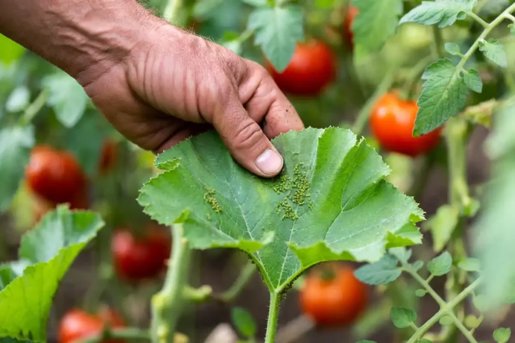hand turning over squash leaf to check for insects and pest damage