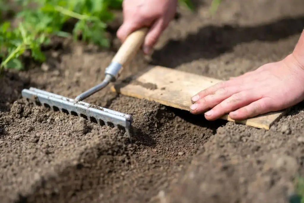 gardener leveling and firming a fine seedbed before sowing carrots
