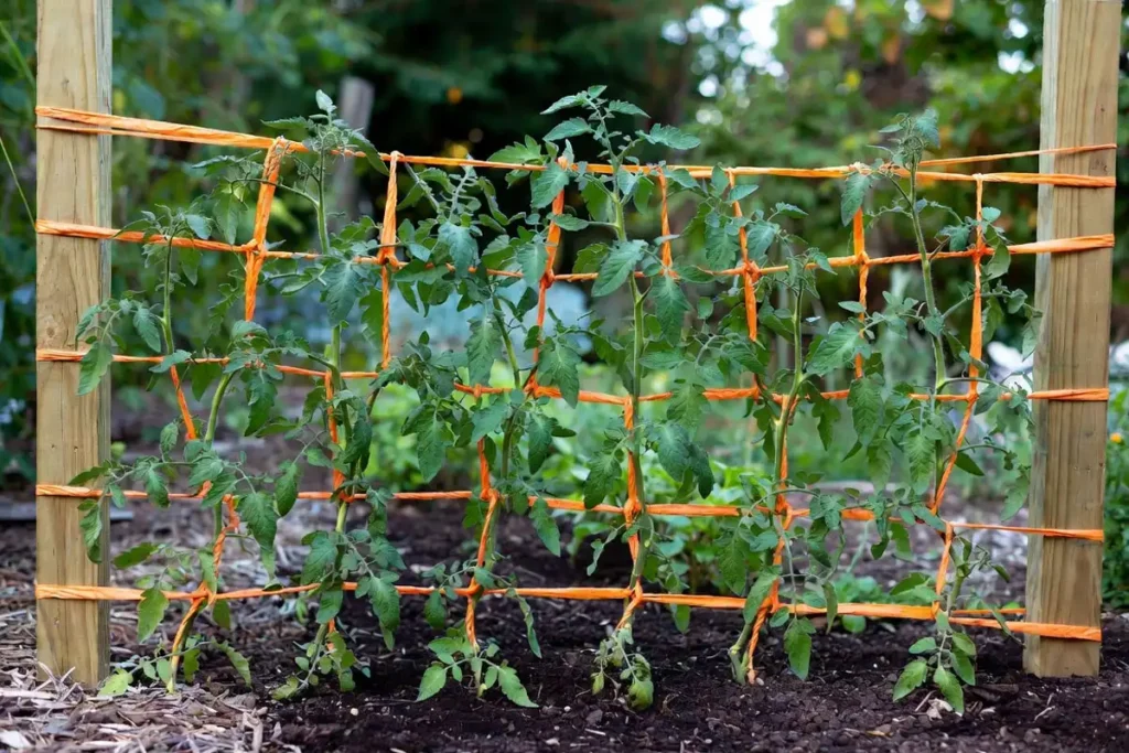 twine woven between wooden posts supporting a row of tomato plants in a vegetable garden