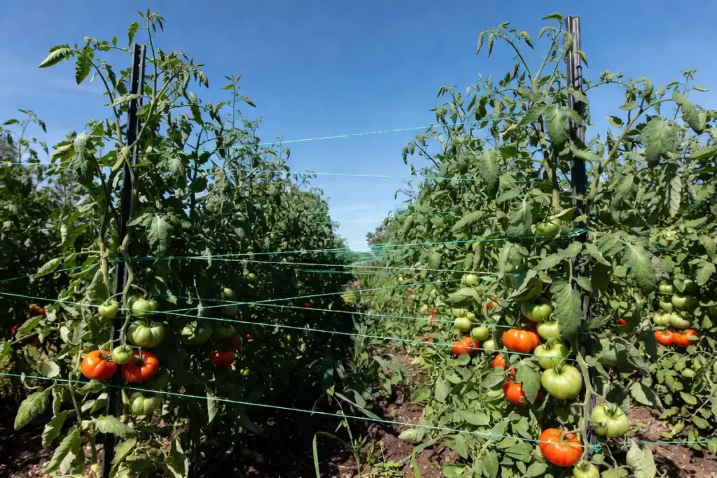 tomato plants supported by the florida weave method with twine and T-posts along a garden row